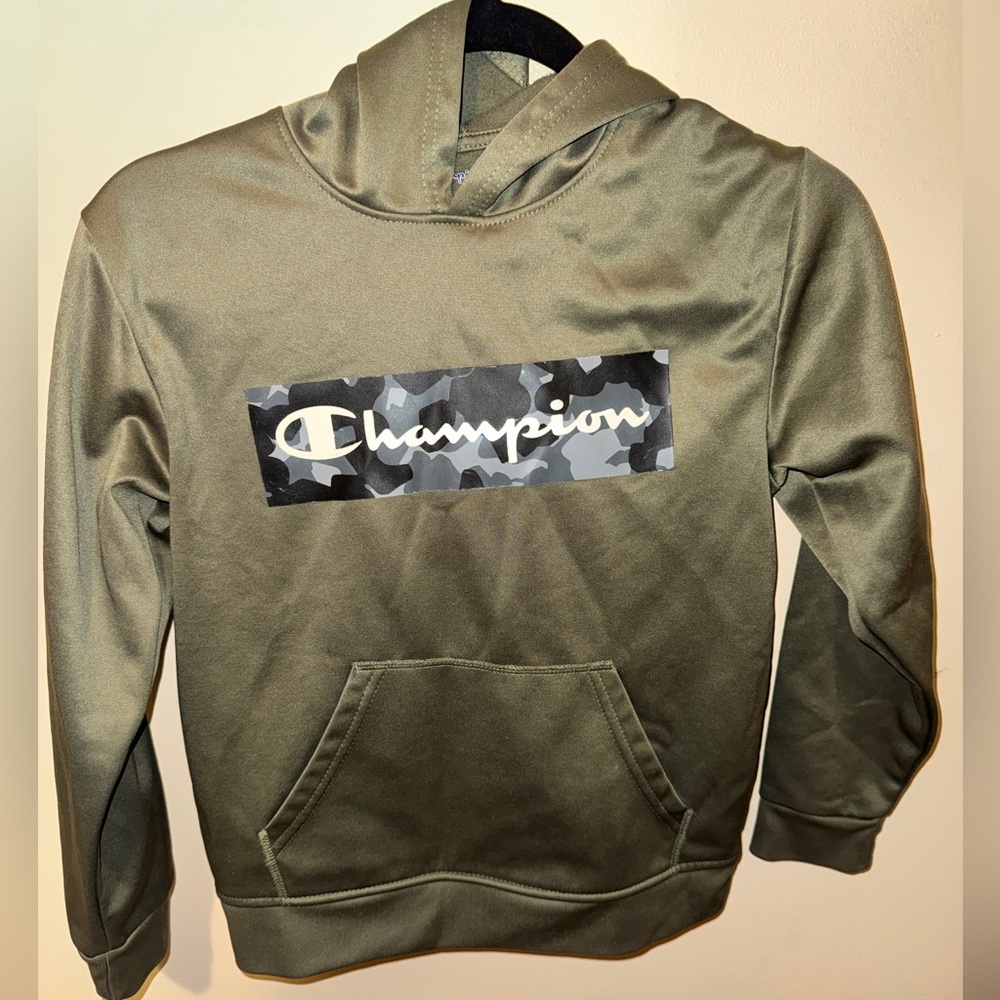 Champion Olive Hoodie with Camo Logo